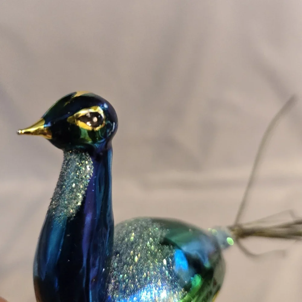 Glass Peacock Clip On Christmas Ornament Glitter Real Partial Tail Feather